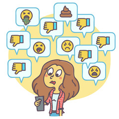 Cartoon illustration of woman looking at dislikes and negative comments on social network, funny vector drawing