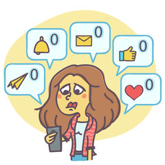 Funny cartoon of sad woman not getting any comments and messages on mail or social network profile, vector illustration