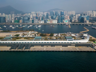Naklejka premium Kai Tak Cruise Terminal of Hong Kong from drone view
