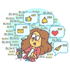 Funny cartoon of surprised woman getting hundred of comments and messages on internet, vector illustration
