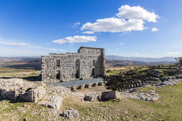The Roman theatre of Acinipo, part of the archaeological site of the ancient city of Acinipo in the Serrania de Ronda, Province of Malaga, Andalusia, Spain