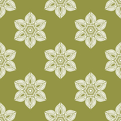 White floral seamless pattern on olive green background