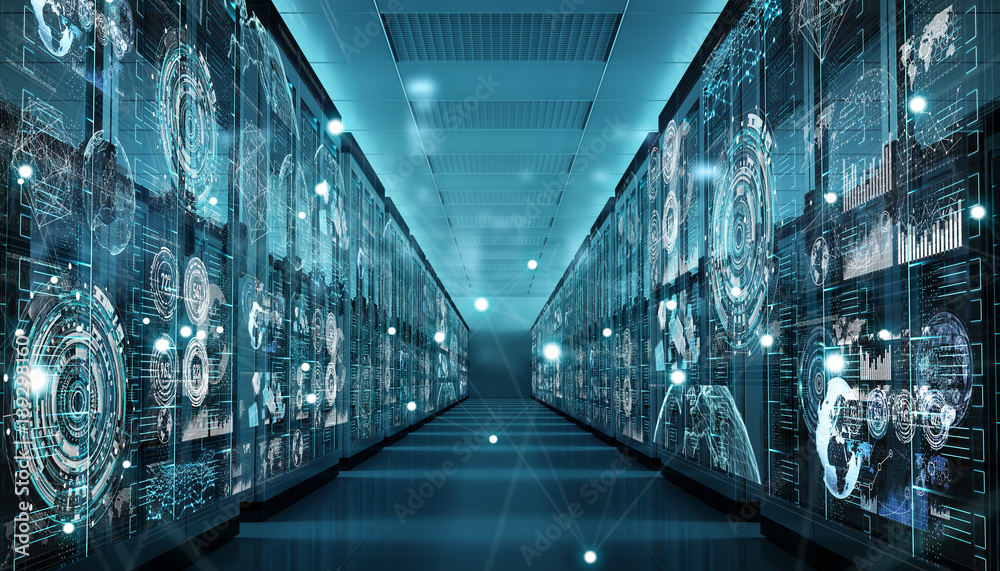 Poster Graph holograms flying over server room data center 3D rendering