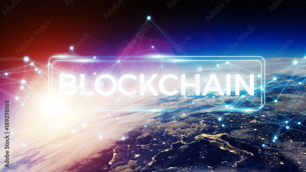 Poster blockchain on planet earth 3d rendering