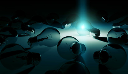 Fototapeta na wymiar Bright lightbulb illuminating other bulbs 3D rendering
