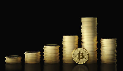 Pile of golden bitcoins. Golden coins with bitcoin symbol. Cryptocurrency and virtual money concept, 3D rendering