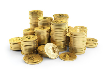 Stack of golden bitcoins. Many golden coins with bitcoin symbol. Cryptocurrency and virtual money concept