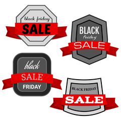 Set of four black friday sale badges with red ribbon on a white background. Vector illustration
