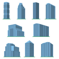 Set of nine modern high-rise building on a white background. View of the building from the bottom. Isometric vector illustration.
