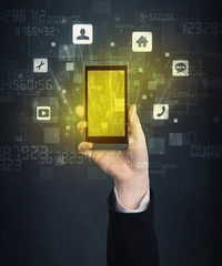 hand holding smartphone with golden screen