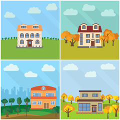 Fototapeta premium Set of four lonely houses in the nature. Vector illustration. 