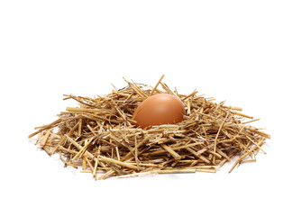 Eggs in straw nest isolated on white background