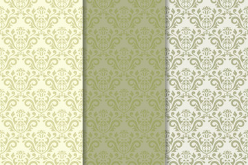 Set of floral ornaments. Olive green vertical seamless patterns