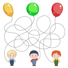 Три мальчика с воздушными шариками. Детская картинка с загадкой. Найди, где чей шарик?