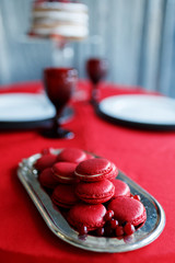 Red berry macaroons in a beautiful tray