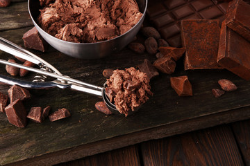 Chocolate ice cream scoop, scooped with a ice spoon
