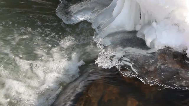 Water flowing on a rift under transparent ice in the spring, Belokurikha River, Altai, Russia 