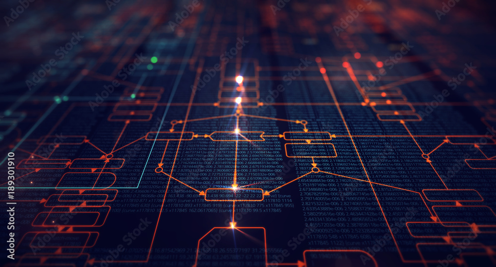 Poster Block chain network/Blockchain network concept , Distributed register technology , Block chain code and computer connection with optical flares background.