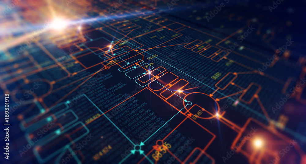 Poster Block chain network/Blockchain network concept , Distributed register technology , Block chain code and computer connection with optical flares background.