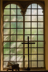 Church Stained-glass Window, The Holy Bible and Wooden Cross