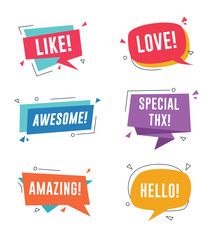 Speech bubble with short messages. Like, love, awesome, amazing, special thanks