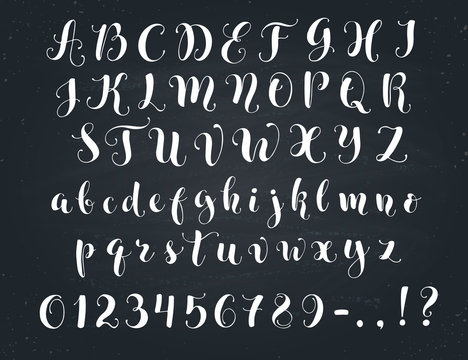 Elegant calligraphy letters. Handwritten alphabet on chalkboard. Uppercase, lowercase letters, numbers and symbols. Hand drawn modern script.