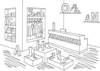 Shop store interior graphic black white sketch illustration vector