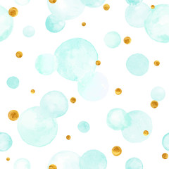 Watercolor vector texture. Aquarelle circles in pastel colors. Seamless pattern. Watercolor blue and golden spots isolated on white background.