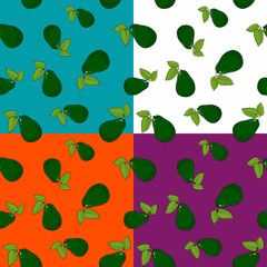 Set of four Seamless Vegetable Patterns, Avocado on a White Green Violet and Orange Background, Vector Illustration