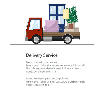 Freight Car is Transporting Furniture Isolated on a White Background and Text, Poster Transportation and Cargo Delivery Services, Logistics, Flyer Brochure Design, Vector Illustration