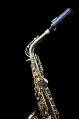 Close up of a golden saxophone