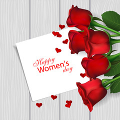 March 8 International Women's Day. Red roses and greeting card on wooden background. Vector illustration