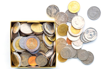 background business concept thai coin,box paper saving and money coin on white background
