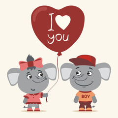 I love you! Funny elephant girl gives balloon heart for elephant boy. Greeting card for Valentine's Day.