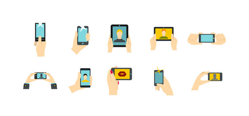 Smartphone in hand icon set, flat style