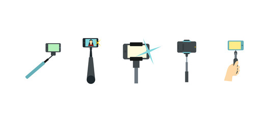 Selfie stick icon set, flat style