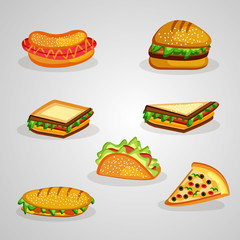 Illustration of fast food elements sandwich, pizza, burger