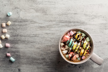 Coffee with marshmallow and popcorn