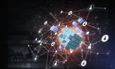 Concept of Internet and networking with digital cube figure on d