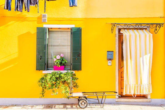 Fototapeta Yellow house with flowers and plants. Colorful houses in Burano island near Venice, Italy.