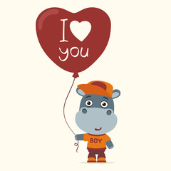 I love you! Funny hippo with balloon heart for Valentine Day. Greeting card for Valentine Day.