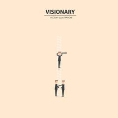 Fototapeta premium Business vision, leadership and teamwork concept vector background. Businessman standing on a ladder with monocular and helped by his team.