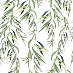 Watercolor seamless pattern witn eucalyptus branch. Hand drawn illustration. 