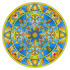Illustration in stained glass style, round mirror image with floral ornaments and swirls on blue  background 