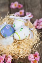 Fototapeta na wymiar Easter eggs in nest and flowers