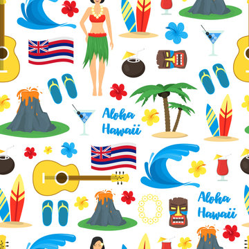 Cartoon Symbol Of Hawaii Seamless Pattern Background. Vector
