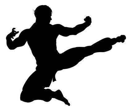 Karate Kung Fu Flying Kick Man Silhouette