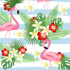 Flamingo and tropic leaves on stripes seamless pattern background. Tropical poster design. Summer and holidays background. Wallpaper, invitation card, textile print vector illustration design