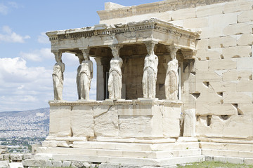 Ancient Erechtheion temple on Acropolis hill in Athens, Greece