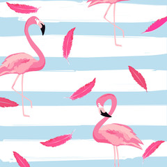 Flamingo and pink feathers with stripes seamless pattern background. Tropical poster design. Summer and holidays background. Wallpaper, invitation card, textile print vector illustration design